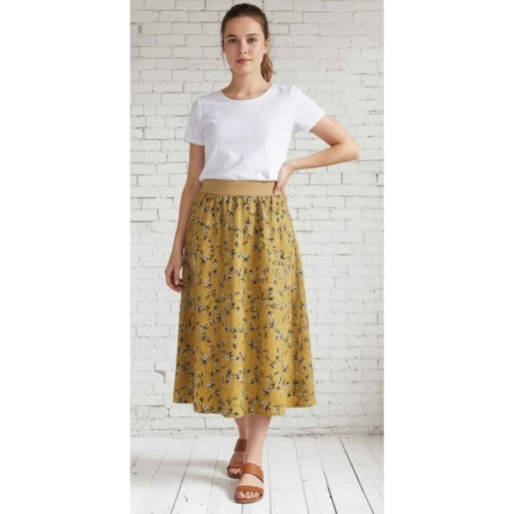 Andi + James Pleated Floral Midi Skirt Golden Yellow Size M